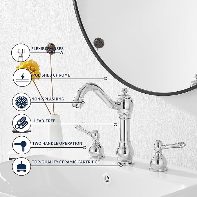 GGStudy 2 Handles 3 Holes Faucet Widespread Bathroom Sink Faucet Basin Tap Mixer Supply Hose Included Matching Pop Up Drain Polished Chrome