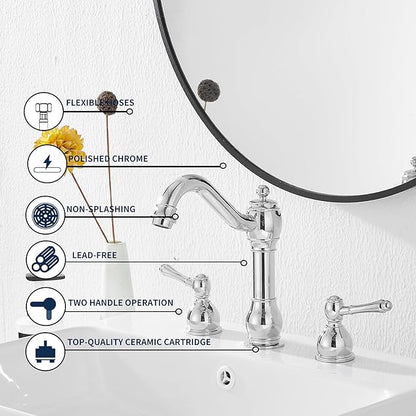 GGStudy 2 Handles 3 Holes Faucet Widespread Bathroom Sink Faucet Basin Tap Mixer Supply Hose Included Matching Pop Up Drain Polished Chrome