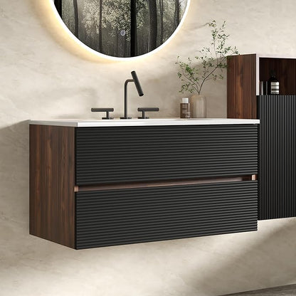 36" Floating Bathroom Vanity with Sink, Modern Wall Mounted Floating Vanity with Ceramic Sink, Double Soft-Close Drawers for Apartment, Hotel, Walnut+Black