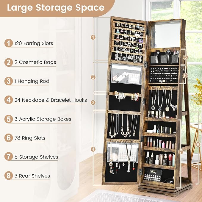GOFLAME 360° Rotating Jewelry Armoire, Lockable Jewelry Cabinet with Full-Length Mirror & Inner Makeup Mirror, Standing Jewelry Storage Organizer with Rear Storage Shelves, Rustic Brown
