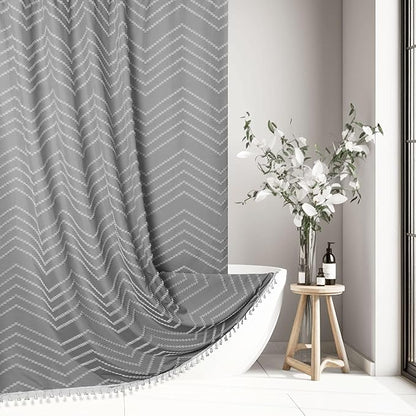 Boho Shower Curtain with Tassel Woven Fabric Grey Shower Curtain 72 x 72 Modern Farmhouse Textured Tufted Chevron Striped Minimalist Bathroom Shower Curtain Set with Hooks