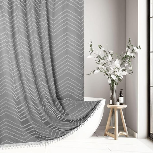 Boho Shower Curtain with Tassel Woven Fabric Grey Shower Curtain 72 x 72 Modern Farmhouse Textured Tufted Chevron Striped Minimalist Bathroom Shower Curtain Set with Hooks