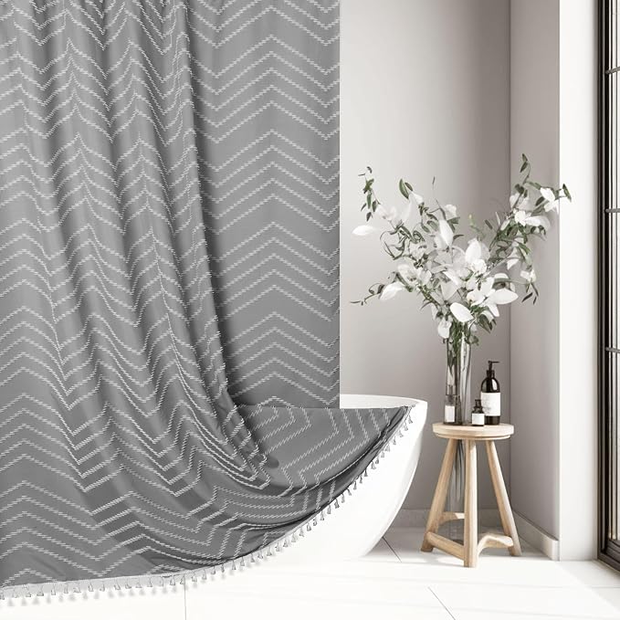 Siiluminisoy Extra Long Grey Boho Shower Curtain with Tassel, Woven Fabric 84 in Shower Curtain, Tufted Chevron Striped, 72 x 84, Modern Chic Textured Minimalist Bathroom Shower