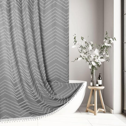 Siiluminisoy Extra Long Grey Boho Shower Curtain with Tassel, Woven Fabric 84 in Shower Curtain, Tufted Chevron Striped, 72 x 84, Modern Chic Textured Minimalist Bathroom Shower
