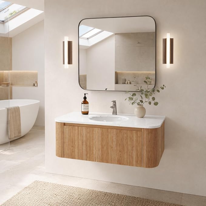 42 Inch Wall Mounted Bathroom Vanity with Ceramic Sink, Pre-Assembled Floating Vanity Cabinet with Cararra Artificial Countertop, Wave Texture Finish & Drawer, Wood