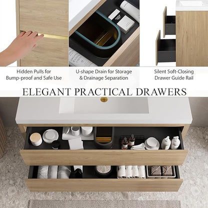 Modern 48" Wall-Mounted Bathroom Vanity with Sink | Floating Storage Cabinet, Stone Resin Countertop, Soft Close Drawers | Natural Oak