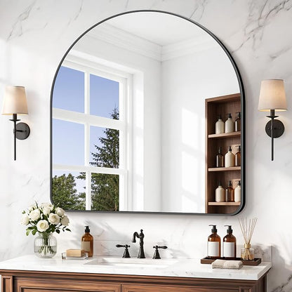 BONEWEI Arched Wall Mirror,42x42 inch Black Arched Mirror Bathroom,Large Vanity Mirror for Over Sink Metal Frame,Tempered Glass Arch Mirrors for Bedroom,Entryway,Living Room,Home Decor Shatter-Proof