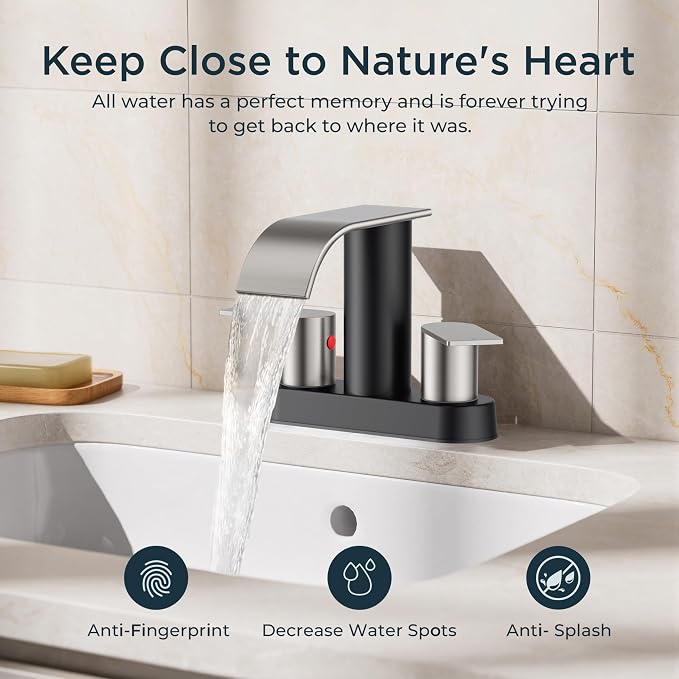 FORIOUS Bathroom Faucet 4 Inch Centerset 2 Hole Black and Brushed Nickel | Waterfall Bathroom Sink Faucet 2 Handles with Pop up Drain and cUPC Hose, Lead-Free, Suitable for RV Vanity Lavatory Restroom