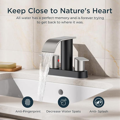 FORIOUS Bathroom Faucet 4 Inch Centerset 2 Hole Black and Brushed Nickel | Waterfall Bathroom Sink Faucet 2 Handles with Pop up Drain and cUPC Hose, Lead-Free, Suitable for RV Vanity Lavatory Restroom
