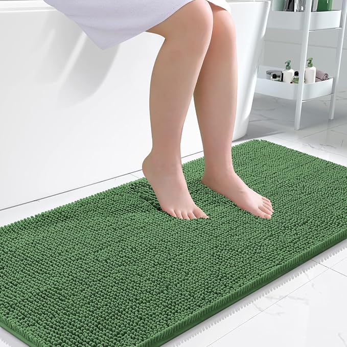 OLANLY Bathroom Runner Rugs 47x24, Extra Soft Absorbent Chenille Bath Rugs | Olive Green, Quick-Drying Rubber Backing, Washable Long Bath Mat for Bathroom Floor, Tub and Shower, Home Decor Accessories