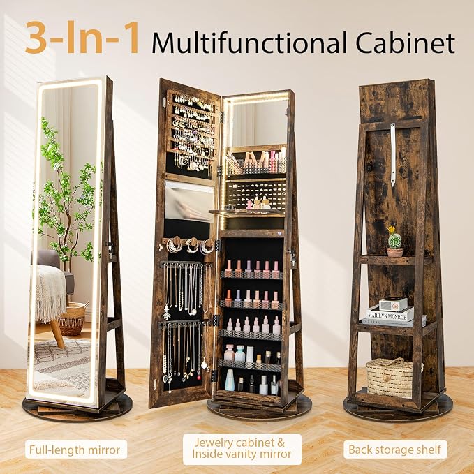 GOFLAME 360° Swivel Jewelry Cabinet Armoire with Full Length Mirror, Standing Jewelry Storage Organizer with Rear Storage Shelves, 3-Color LED Lights, Foldable Shelf, Interior Mirror, Rustic Brown