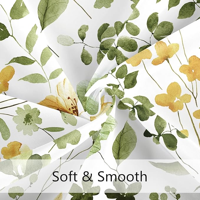 Olive Green Floral Shower Curtain 60x72, Cute Flower Fabric Shower Curtains for Bathroom, Wildflower Butterfly Cloth Shower Curtain Set with Hooks