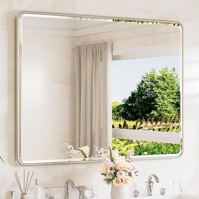 Brushed Nickel Wall Mirror 48 x 36 Beveled Edge Tempered Glass, Rounded Corner Rectangle Framed Mirror for Modern Bathroom, Living Room, Bedroom, Entryway