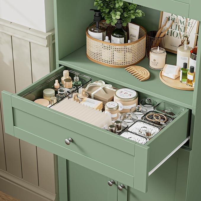 HIFIT Tall Bathroom Storage Cabinet with Drawer, Modern Linen Cabinet,Green | 67"H Tall Storage Cabinet with Doors & Shelves, Freestanding Kitchen Pantry for Bathroom, Dining Room, Laundry, Narrow Corner