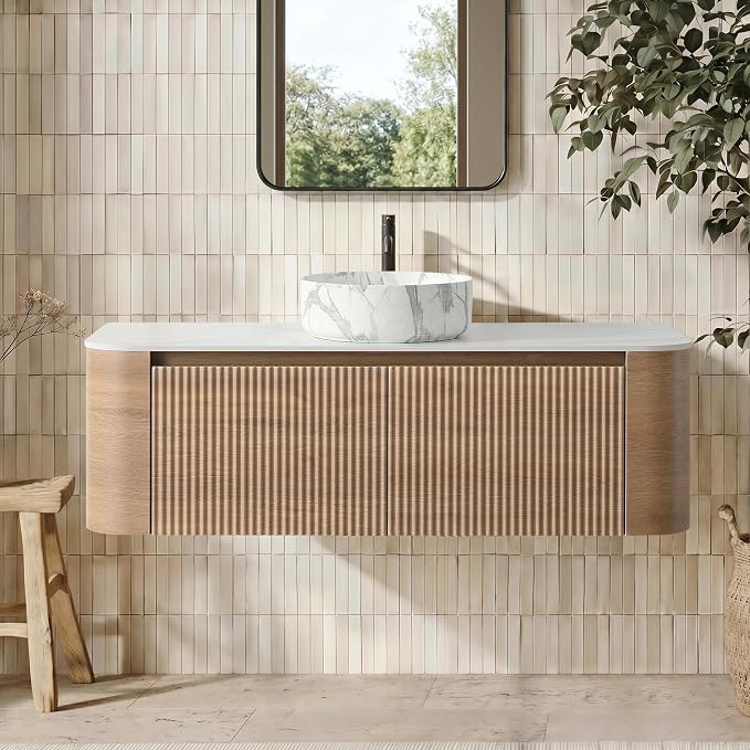 48" Floating Bathroom Vanity with Carrara Finish Sink, Honey Oak | Pre-Assembled Fluted Wall Mounted Vanity with Ceramic Vessel Sink, Rounded Edges, Soft-Close Drawer & Towel Rack