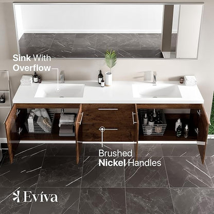 Eviva Lumina 84 in. Rosewood Wall Mount Double Sink Bath Vanity with Acrylic Top and Integrated Sinks