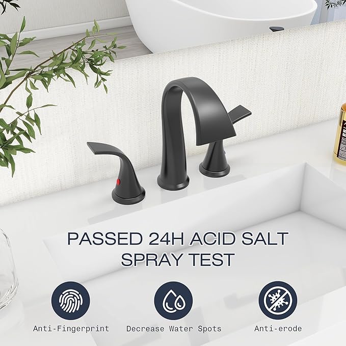 Bathroom Faucets 3 Hole Bathroom Sink Faucet with Pop Up Drain and Water Supply Hoses 8 Inch Waterfall Bathroom Faucet Two Handles for Vanity,Lavatory,Restroom,Commercial,Black