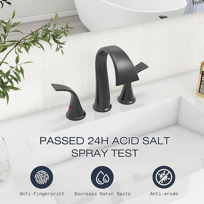 Bathroom Faucets 3 Hole Bathroom Sink Faucet with Pop Up Drain and Water Supply Hoses 8 Inch Waterfall Bathroom Faucet Two Handles for Vanity,Lavatory,Restroom,Commercial,Black