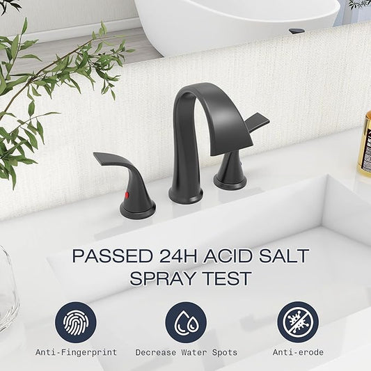 Bathroom Faucets 3 Hole Bathroom Sink Faucet with Pop Up Drain and Water Supply Hoses 8 Inch Waterfall Bathroom Faucet Two Handles for Vanity,Lavatory,Restroom,Commercial,Black
