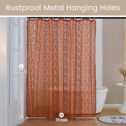 WAZZIO Bunrt Orange Lace Shower Curtain for Bathroom 72" W x 72" L, Victorian Farmhouse Floral Pattern Tassel Fancy Shower Curtain Boho Washable Cloth Decorative Bath Curtains,1 Panel