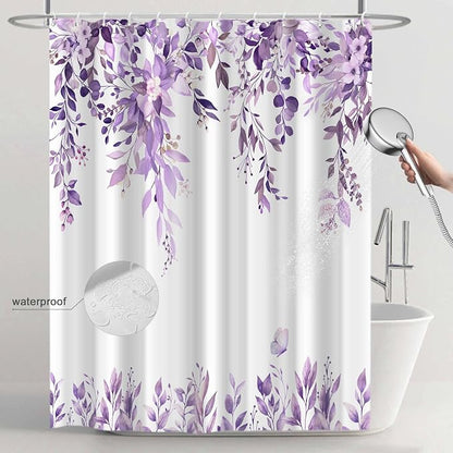 Purple Floral Eucalyptus Shower Curtain with Hooks, 72x78 Inch | Waterproof Fabric, Watercolor Leaves and Floral, Botanical Style, Machine Washable, Quick-Drying, for Hotel Bathroom