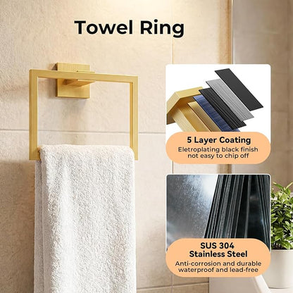 5-Piece Bathroom Hardware Set, 23.6 Inch Towel Bar Set SUS304 Stainless Steel Towel Racks for Bathroom Round Towel Bar, Towel Ring, Toilet Paper Holder, 2 Robe Hooks, Wall Mounted (Brushed Gold)