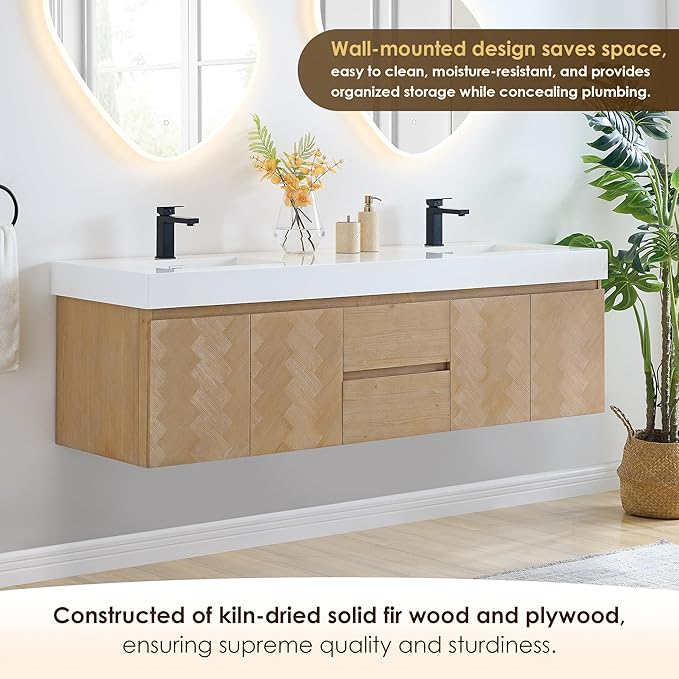 72 Inch Floating Sink Bathroom Vanity Wall Mount Double Vanities Overflow Mordern Large Storge Cabinet with Ceramic Countertop Double Soft Closing Drawers Pre-Assembled