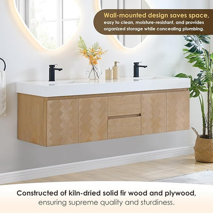 72 Inch Floating Sink Bathroom Vanity Wall Mount Double Vanities Overflow Mordern Large Storge Cabinet with Ceramic Countertop Double Soft Closing Drawers Pre-Assembled