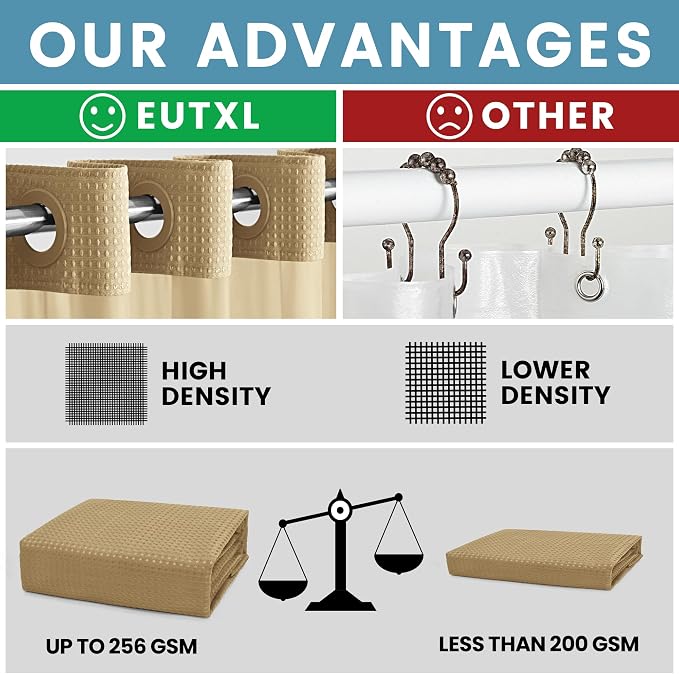 EUTXL Heavyweight No Hook Shower Curtain with Liner, Beige,71x86 | Snap in Liner, 256GSM Thick Waffle Fabric, Hotel Luxury Spa, Corner Magnets, Quick Dry, Waterproof & Washable, Extra Long