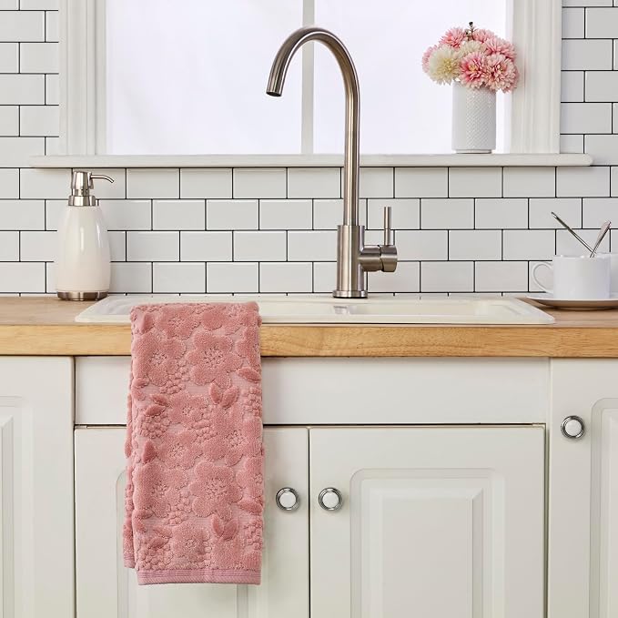 SKL Home Blossom Floral Hand Towel Set-2pc, 100% Turkish Cotton, Blush | Soft, textured jacquard. For use in the bathroom, kitchen, or bar & makes a great gift.