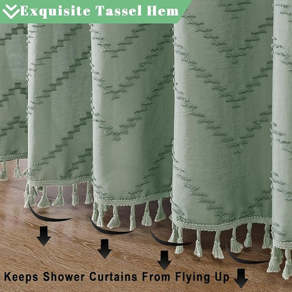 Extra Long Sage Green Boho Shower Curtain, Chic Tufted Chevron Striped Textured Fabric Cloth Shower Curtains with Tassel for Bathroom, Soft Hotel Style Farmhouse, Machine Washable, 72x84