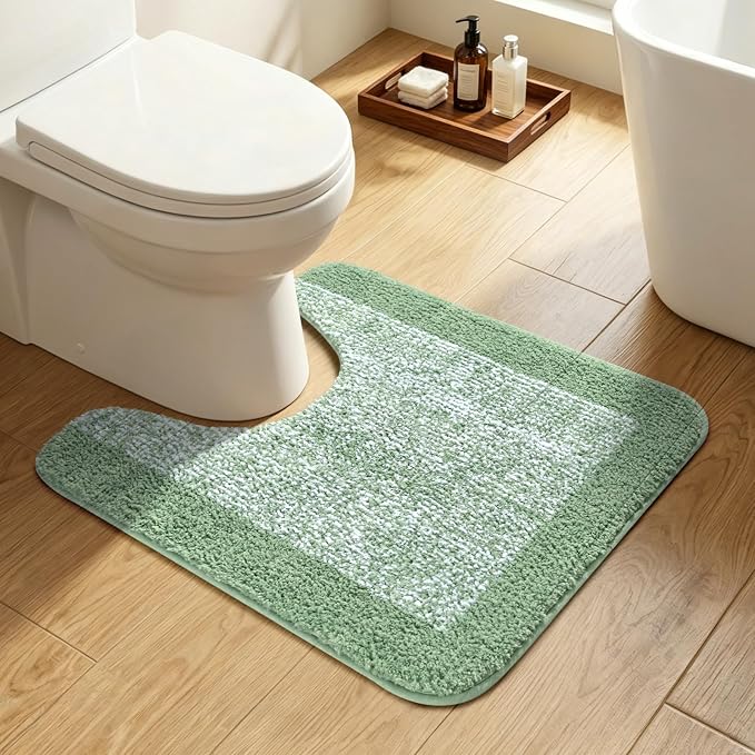 Toilet Rugs U-Shaped 24x19, Non-Slip Plush Shaggy Quick Dry Bathroom Contour Rugs, Extra Soft Absorbent Chenille Washable Bath Mat for Toilet Base, Green