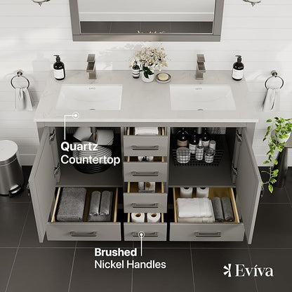Eviva London 48 Inch Double Vanity - Grey Bathroom Vanity with Top and Sink - Undermount Porcelain Sink Combo - Quartz Countertop