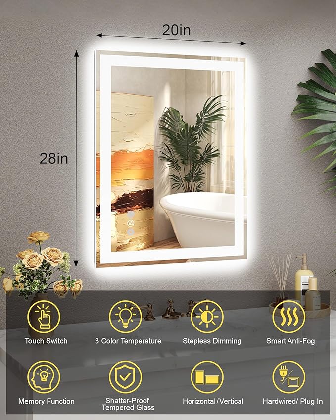 20x28 LED Bathroom Mirror, 6000LM, Separate Front and Back Lights | UL Certified,Shatter-Resistant Tempered Glass,Auto-Off Defogger,3 Color Modes,Smooth Dimming,Smart Memory Setting