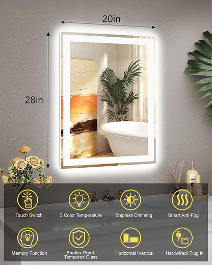 20x28 LED Bathroom Mirror, 6000LM, Separate Front and Back Lights | UL Certified,Shatter-Resistant Tempered Glass,Auto-Off Defogger,3 Color Modes,Smooth Dimming,Smart Memory Setting