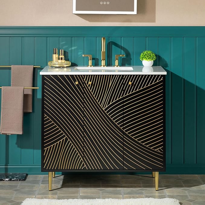 Woodbridge 36"x22" Bathroom Vanity with Single Ceramic Undermount Sink, White Engineered Stone Top, Hand-Painted Black & Gold Accents, Sleek Thin-Leg Frame, Space-Saving for Modern Living
