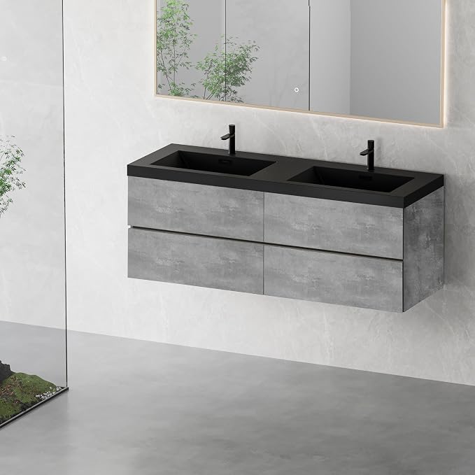 60" Floating Bathroom Vanity with Double Sink, Modern Wall-Mounted Bathroom Storage Vanity Cabinet with Two Black Quartz Sand Top Basins and Four Soft Close Drawers, Cement Grey