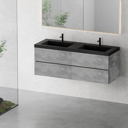 60" Floating Bathroom Vanity with Double Sink, Modern Wall-Mounted Bathroom Storage Vanity Cabinet with Two Black Quartz Sand Top Basins and Four Soft Close Drawers, Cement Grey