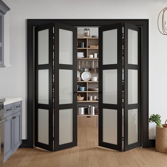 Bifold Doors for 72" x 80" Opening,Tempered Frosted Glass,Black | Closet Folding Doors with Hardware kit Included, Easy Assembly for Pantry Closet,Water-Proof PVC Surface