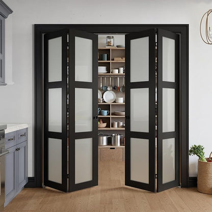Bifold Doors for 72" x 80" Opening,Tempered Frosted Glass,Black | Closet Folding Doors with Hardware kit Included, Easy Assembly for Pantry Closet,Water-Proof PVC Surface