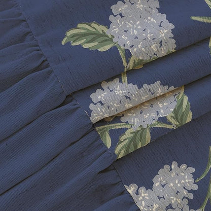 ORTIGIA Linen Textured Ruffle Shower Curtain with Metal Hooks, Vintage Navy Blue Hydrangea Floral Boho Waterproof Bath Curtain for Rustic Farmhouse Bathroom Decor 72x72 Inch