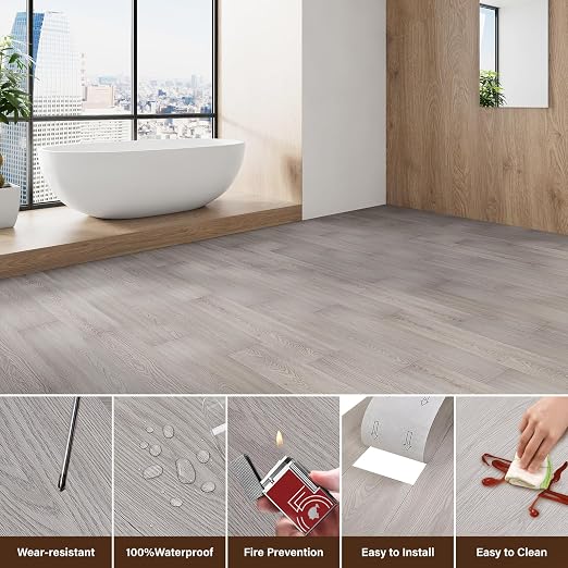 INMOZATA 36-Pack Peel and Stick Flooring Vinyl Floor Tile (White Wash Wood) | 54 Sq.Ft, Waterproof, Heat-resistant, Wood Grain, Strong Adhesive, DIY Flooring for Bedroom Living Room Bathroom Kitchen RV