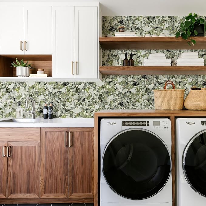 STICKGOO 10 Sheets Peel and Stick Backsplash, Polished Green Marble Look PVC Mixed Metal Gold Kitchen Backsplash, Stick on Backsplash Wall Tiles for Kitchen, Bathroom, RV