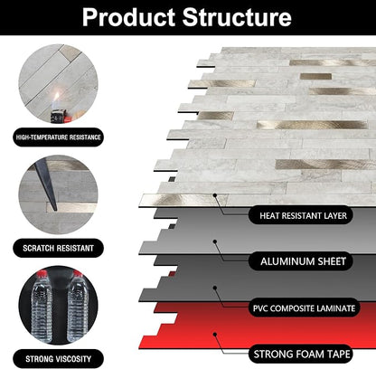 Peel and Stick Backsplash for Kitchen, Self-Adhesive Metal Gold Beige Marble Subway Tiles Decorate Kitchens Bathrooms Laundry Fireplaces, 10-Sheets