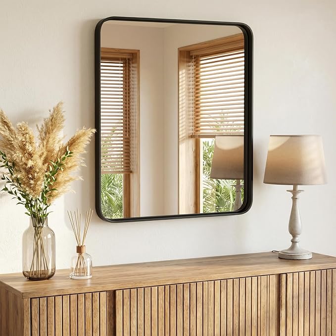 Sweetcrispy Bathroom Mirror 40x36 Inch, Vanity Mirror for Wall | Metal Framed Rounded Rectangle, Over Sink, Farmhouse Restroom, Anti-Rust, Horizontal or Vertical Hanging, Black