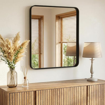 Sweetcrispy Bathroom Mirror 40x36 Inch, Vanity Mirror for Wall | Metal Framed Rounded Rectangle, Over Sink, Farmhouse Restroom, Anti-Rust, Horizontal or Vertical Hanging, Black