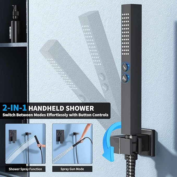Shower Faucet Set Shower System - EMBATHER Push Button Diverter Dual Shower Faucet Valve Kit with Rainfall Ceiling Mount 10 Inch Shower Head 6 Inch Wall Mount, for Couple (Standard-10'', Matte Black)