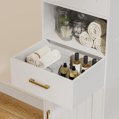 Homhedy 67" H Bathroom Storage Cabinet, Tall Bathroom Cabinet, White | Narrow Cabinet with Doors and Drawer, Adjustable Shelves, Floor Cabinet for Bathroom, Living Room, Kitchen, Dining Room