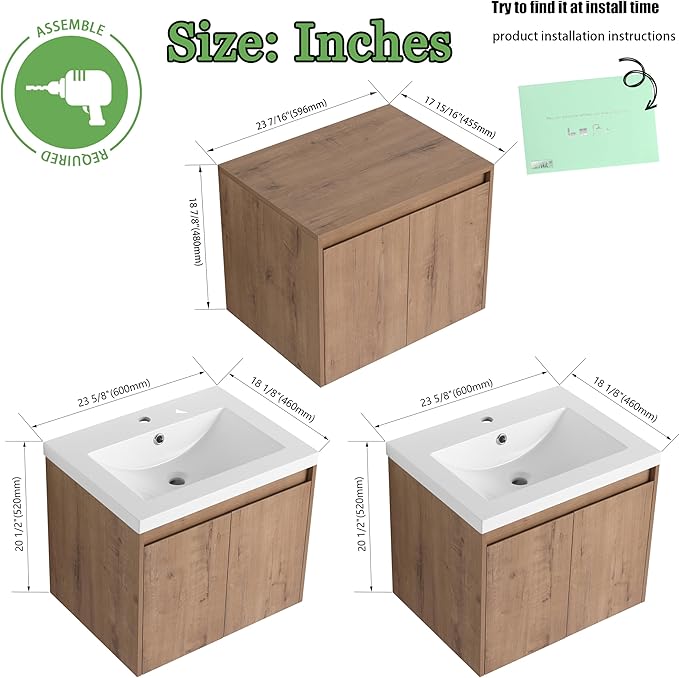 72" Bathroom Vanity Set, 72 Inch Modern Floating Vanity with 6 Doors and 1 Wall-Mounted Side Cabinet, Double Resin Sinks Wall Mount Cabinet Set, Open Storage Shelf, Imitative Oak