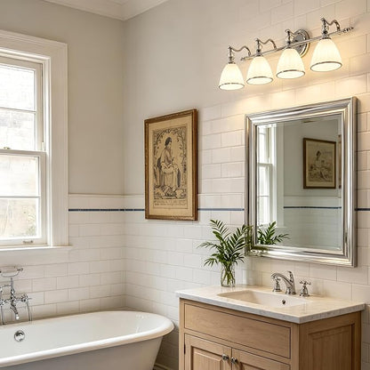 Vanity Lights for Bathroom Over Mirror, Elegant Wall Sconces with Milky White Hand-Painted Frosted Glass Shade, E26 Socket (Bulbs Not Included) (Polished Chrome, 4-Light)